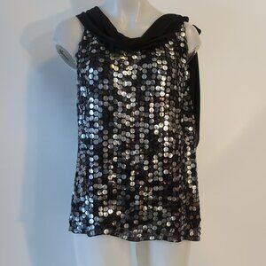 Womens Soca Black Silver Sequined Sleeveless Halter Blouse Top L